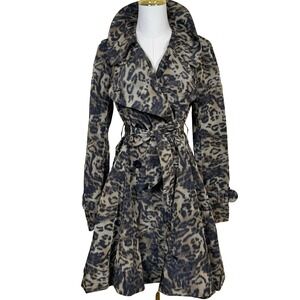 Bensoni‎ Leopard Print Trench Coat Women 4 Brown Tan Belted Fit & Flare Ruffle